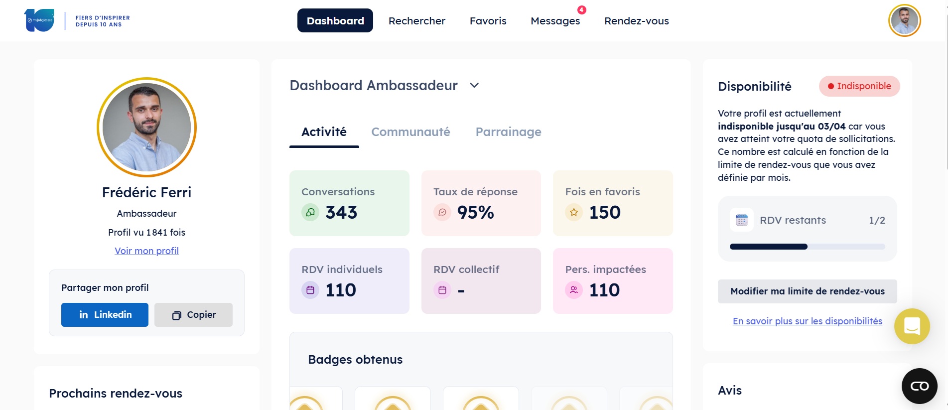 Tableau de bord MyJobGlasses de Frédéric Ferri — Ambassadeur