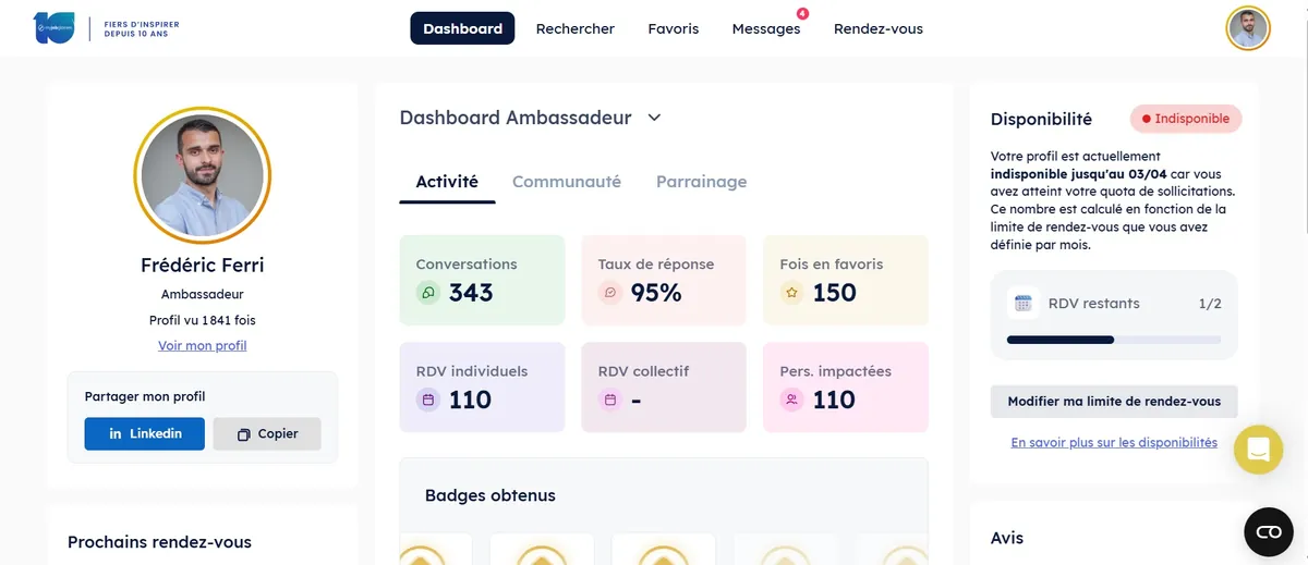 Tableau de bord MyJobGlasses de Frédéric Ferri, Ambassadeur